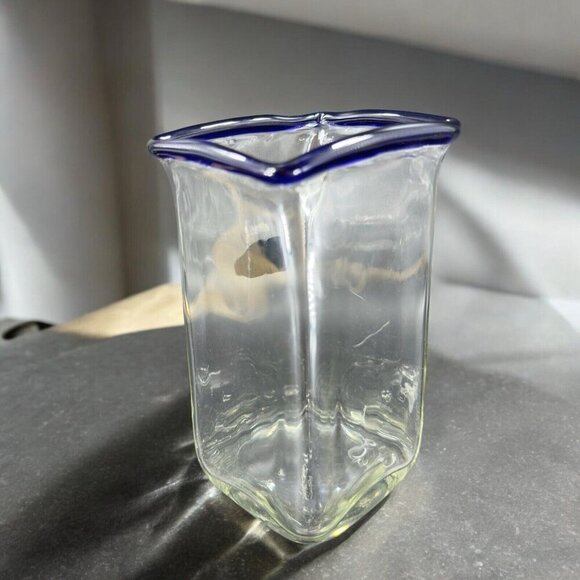 Krosno Jozefina Hand Blown Glass Vase Made In Poland Clear Cobalt Blue Edges VTG - Picture 2 of 16